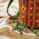 Green Mashru Potli with Orange Stripe | Bead & Brass Tikki Handwork | Gramshree