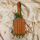 Green Mashru Potli with Orange Stripe | Bead & Brass Tikki Handwork | Gramshree