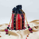 Maroon Mashru Potli with Black & Red Stripes | Bead & Brass Tikki Handwork | Gramshree