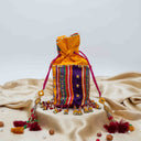 Yellow Mashru Check Small Potli with Bead & Brass Tikki Handwork | Gramshree