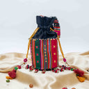 Black Mashru Check Potli with Bead & Brass Tikki Handwork | Gramshree