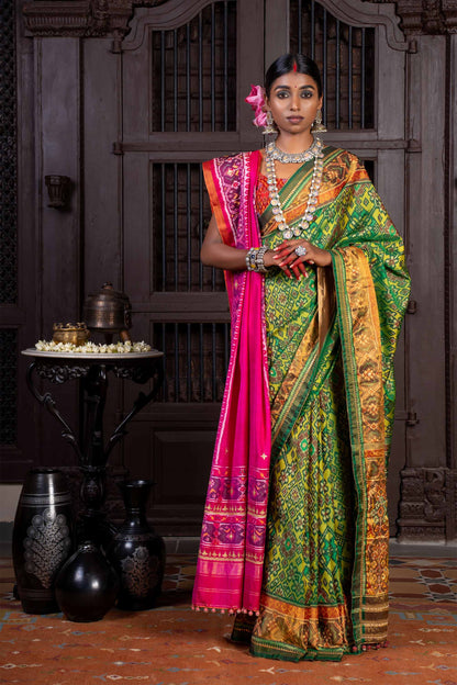 Handembroidered Patola Silk Saree -Green With Khat Work