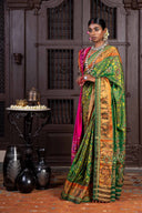 Handembroidered Patola Silk Saree -Green With Khat Work