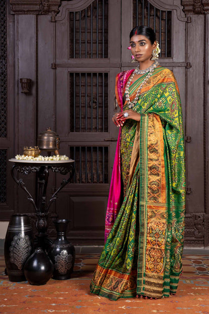 Handembroidered Patola Silk Saree -Green With Khat Work