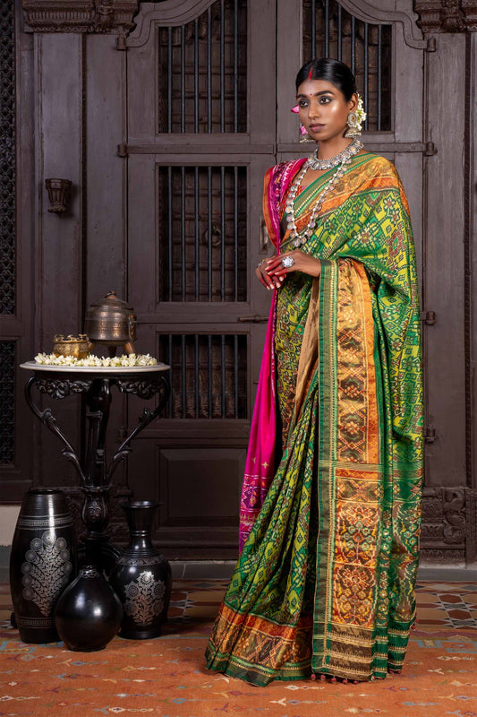 Handembroidered Patola Silk Saree -Green With Khat Work