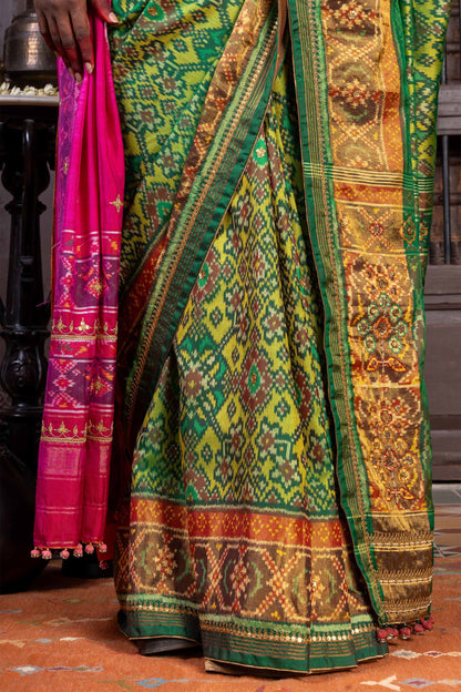 Handembroidered Patola Silk Saree -Green With Khat Work