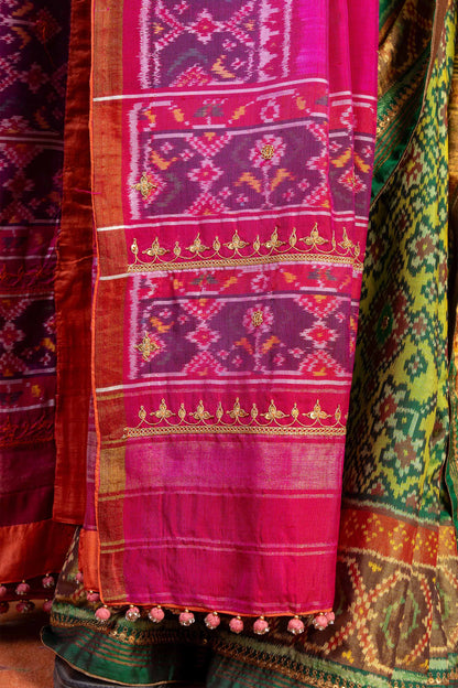 Handembroidered Patola Silk Saree -Green With Khat Work