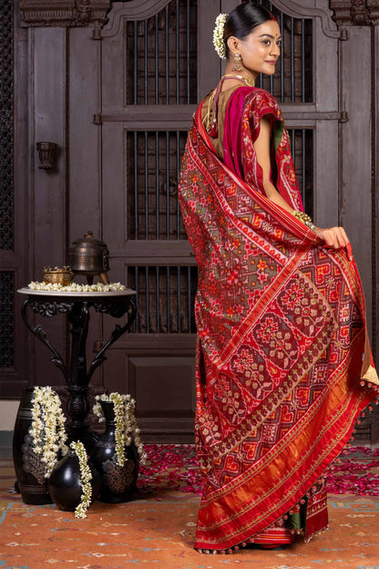 Handcrafted Green Patola Silk Saree With Khat Embroidery