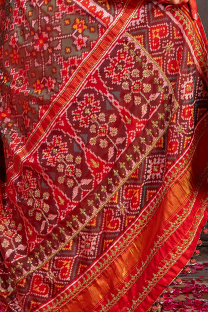 Handcrafted Green Patola Silk Saree With Khat Embroidery