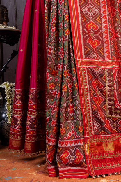 Handcrafted Green Patola Silk Saree With Khat Embroidery
