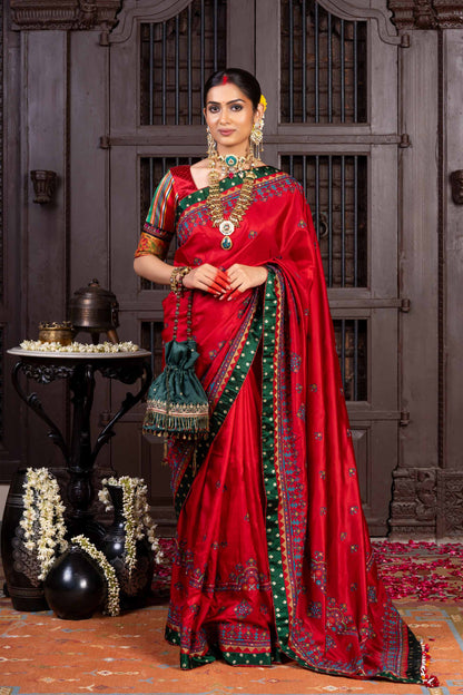 Handcrafted Bright Red Silk Saree With Aari Embroidery