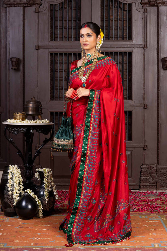 Handcrafted Bright Red Silk Saree With Aari Embroidery