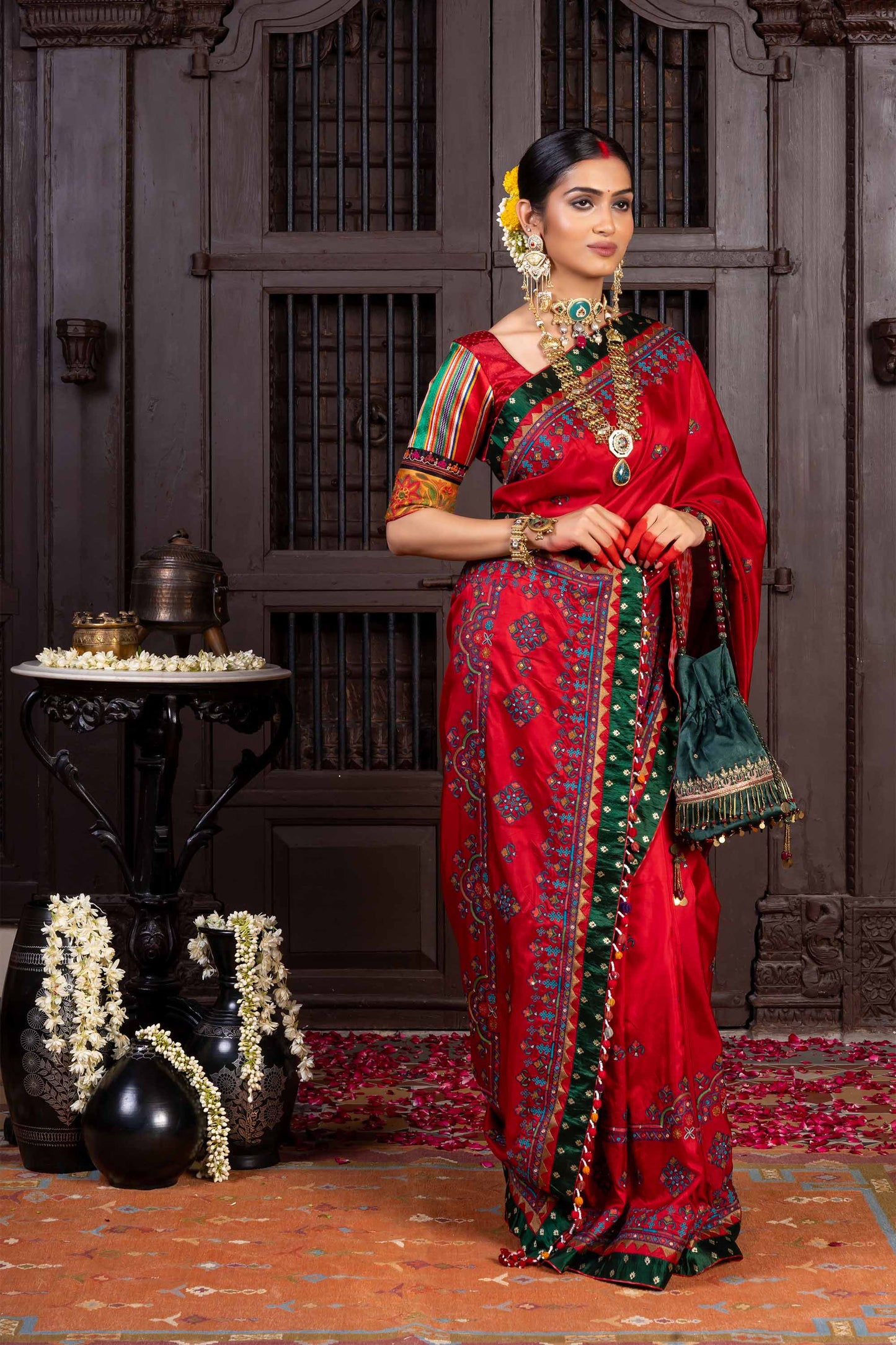 Handcrafted Bright Red Silk Saree With Aari Embroidery