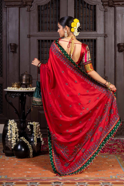 Handcrafted Bright Red Silk Saree With Aari Embroidery