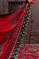 Handcrafted Bright Red Silk Saree With Aari Embroidery