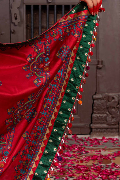 Handcrafted Bright Red Silk Saree With Aari Embroidery