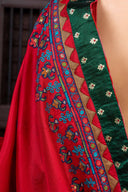 Handcrafted Bright Red Silk Saree With Aari Embroidery
