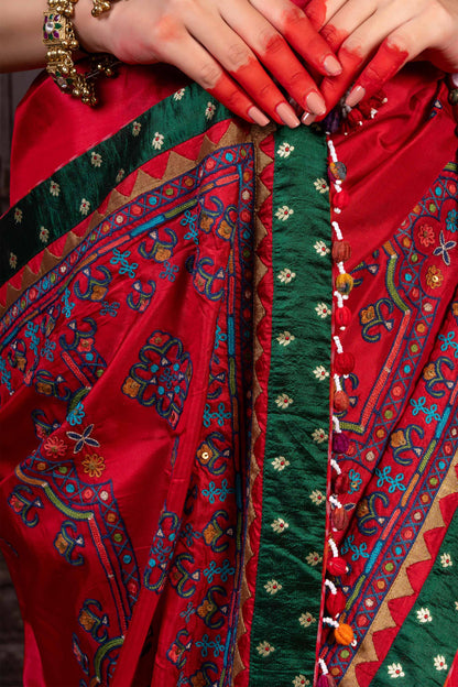 Handcrafted Bright Red Silk Saree With Aari Embroidery
