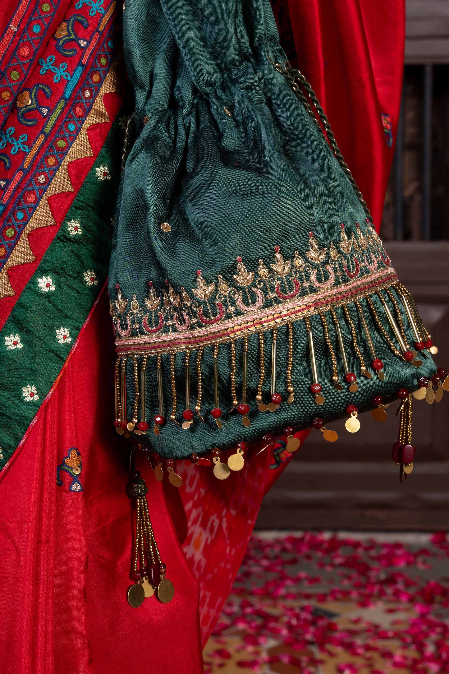 Handcrafted Bright Red Silk Saree With Aari Embroidery