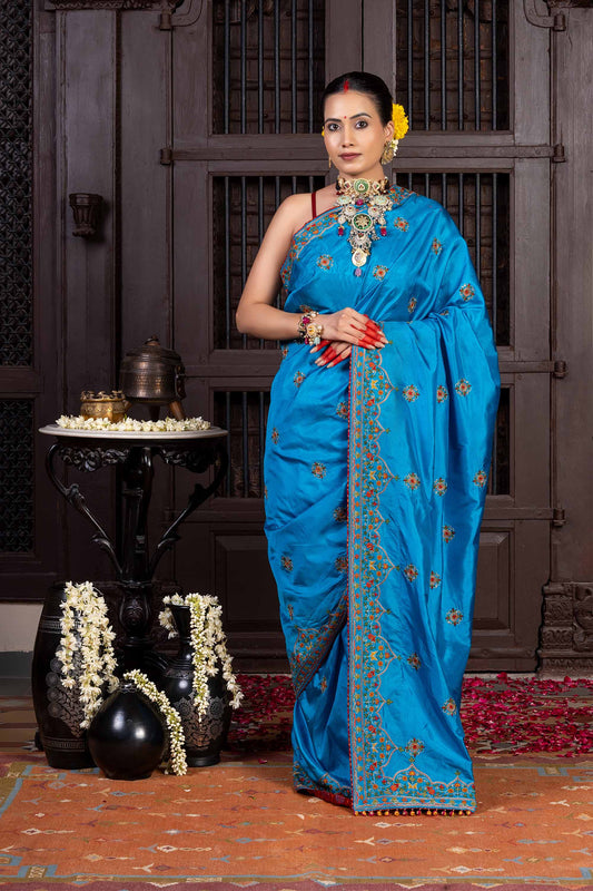 Handcrafted Bright Blue Silk Saree With Khat Embroidery