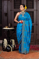 Handcrafted Bright Blue Silk Saree With Khat Embroidery