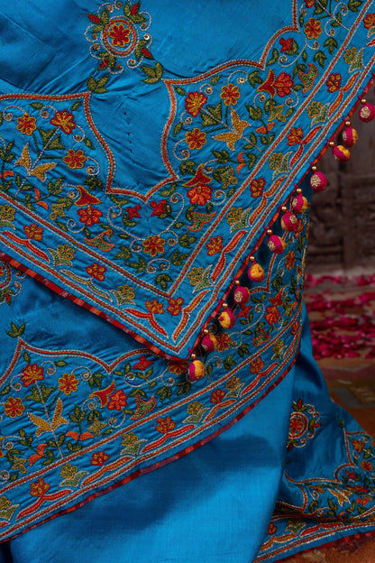 Handcrafted Bright Blue Silk Saree With Khat Embroidery