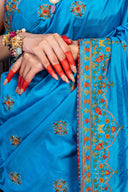 Handcrafted Bright Blue Silk Saree With Khat Embroidery
