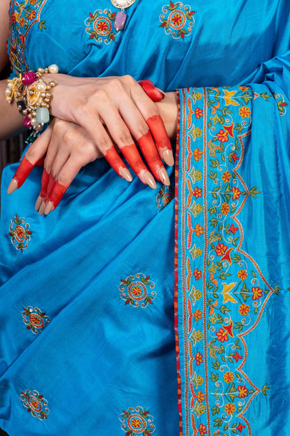 Handcrafted Bright Blue Silk Saree With Khat Embroidery