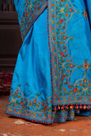 Handcrafted Bright Blue Silk Saree With Khat Embroidery