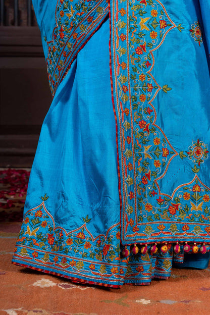 Handcrafted Bright Blue Silk Saree With Khat Embroidery