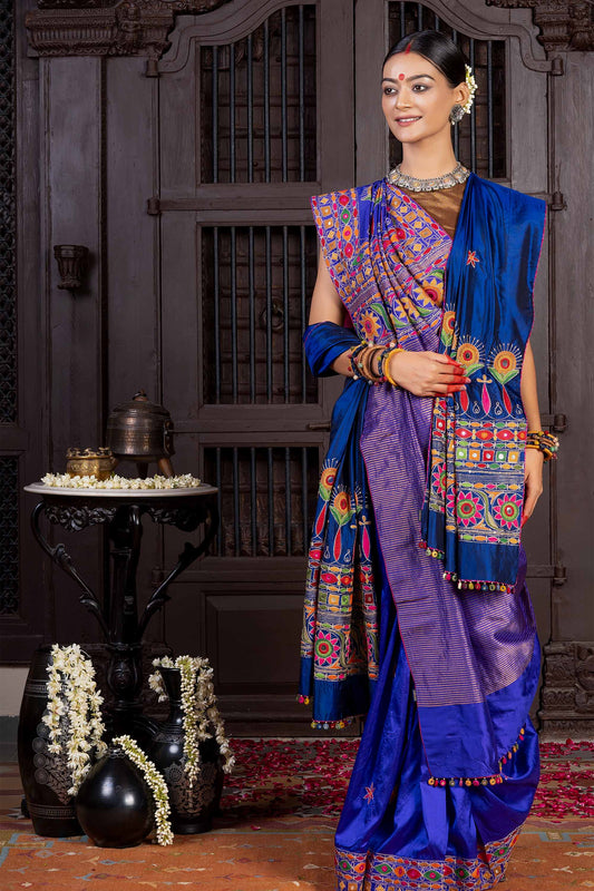 Handcrafted Blue Silk Saree With Multicolour Hand Embroidery