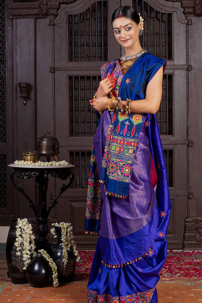 Handcrafted Blue Silk Saree With Multicolour Hand Embroidery