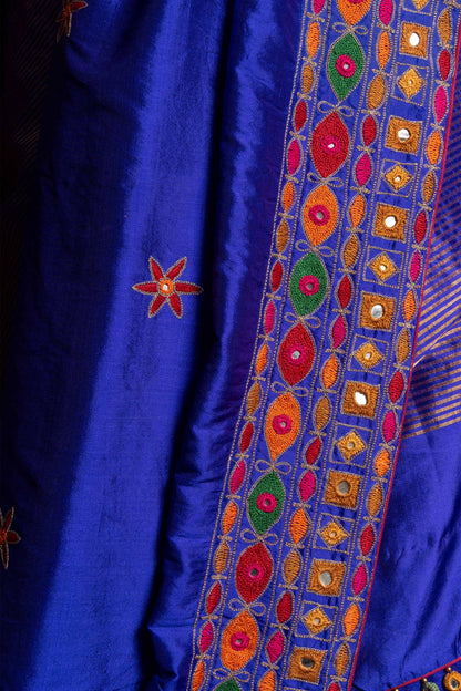 Handcrafted Blue Silk Saree With Multicolour Hand Embroidery