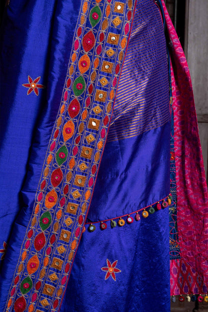 Handcrafted Blue Silk Saree With Multicolour Hand Embroidery