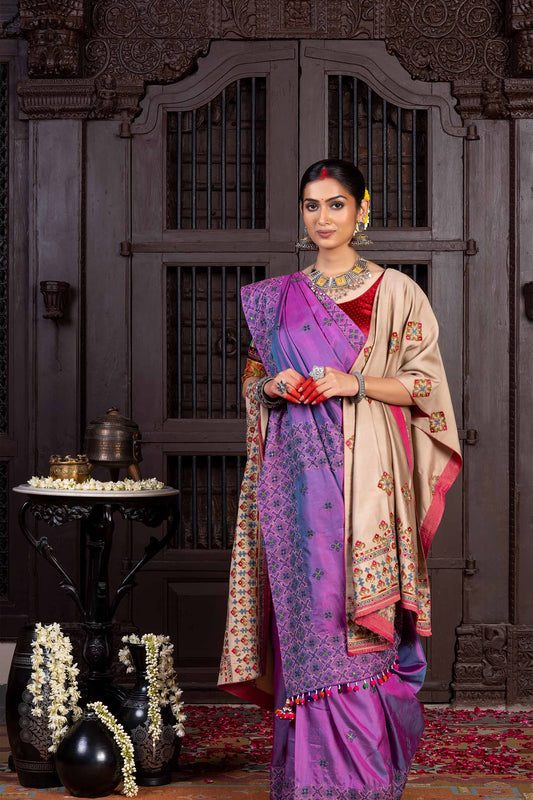 Handcrafted Purple Silk Saree With Traditional Dharwadi Embroidery