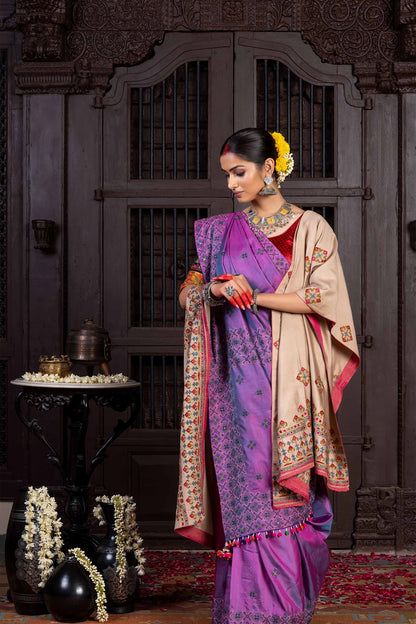 Handcrafted Purple Silk Saree With Traditional Dharwadi Embroidery