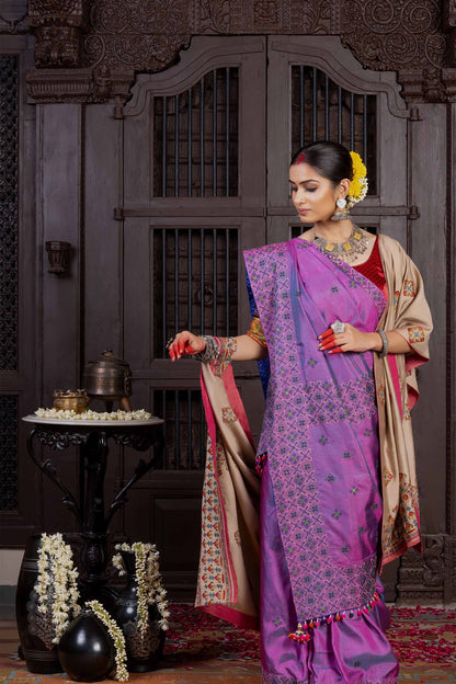 Handcrafted Purple Silk Saree With Traditional Dharwadi Embroidery