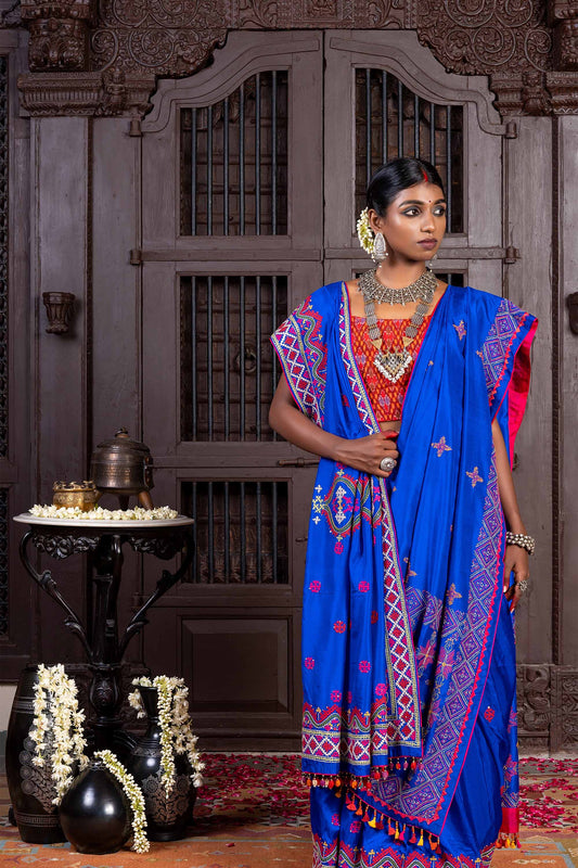 Handcrafted Bright Blue Silk Saree With Intricate Rabari Embroidery