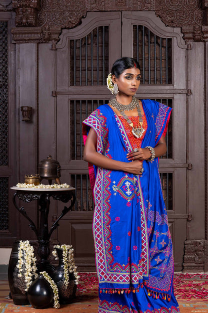 Handcrafted Bright Blue Silk Saree With Intricate Rabari Embroidery