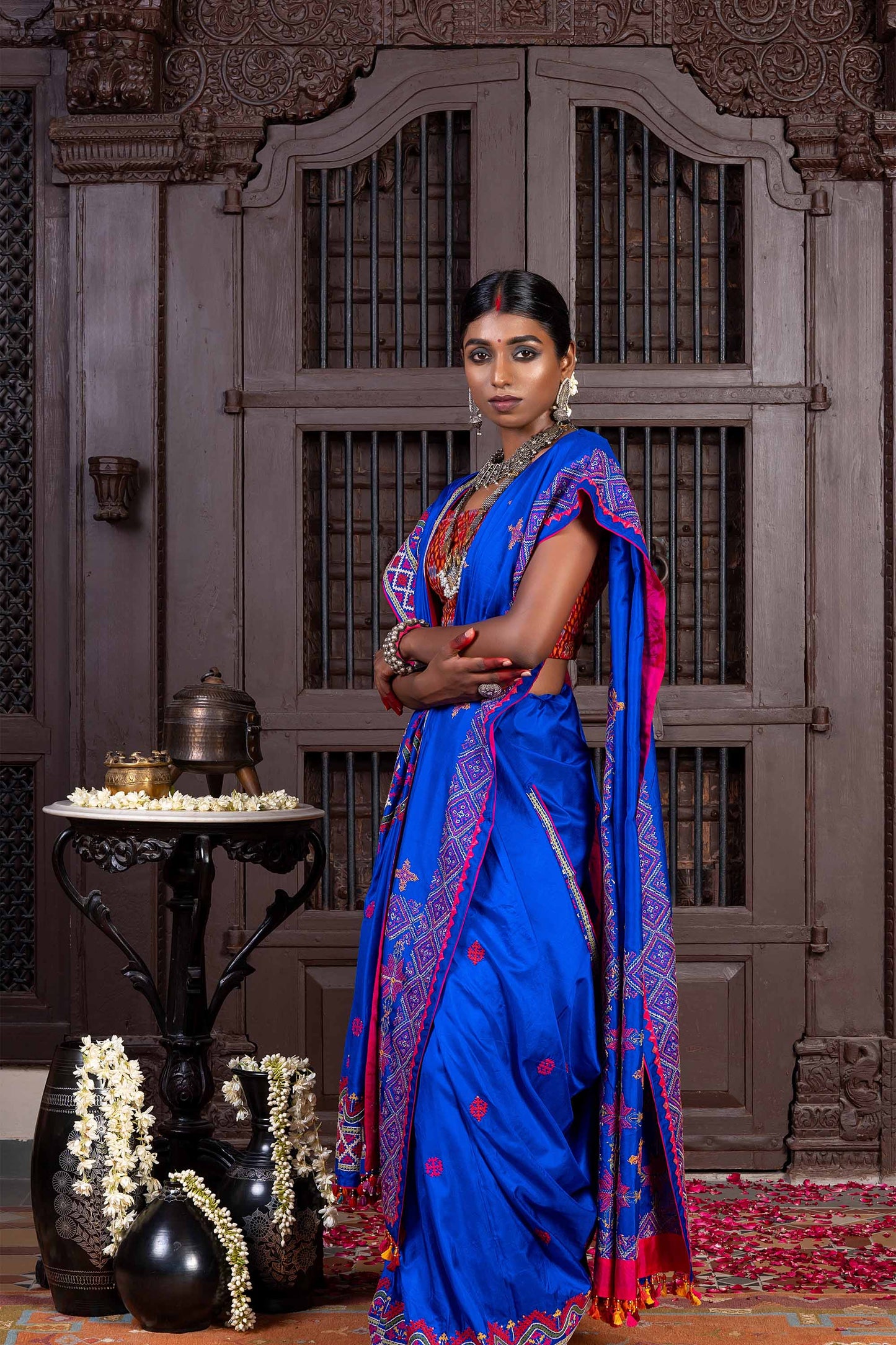 Handcrafted Bright Blue Silk Saree With Intricate Rabari Embroidery