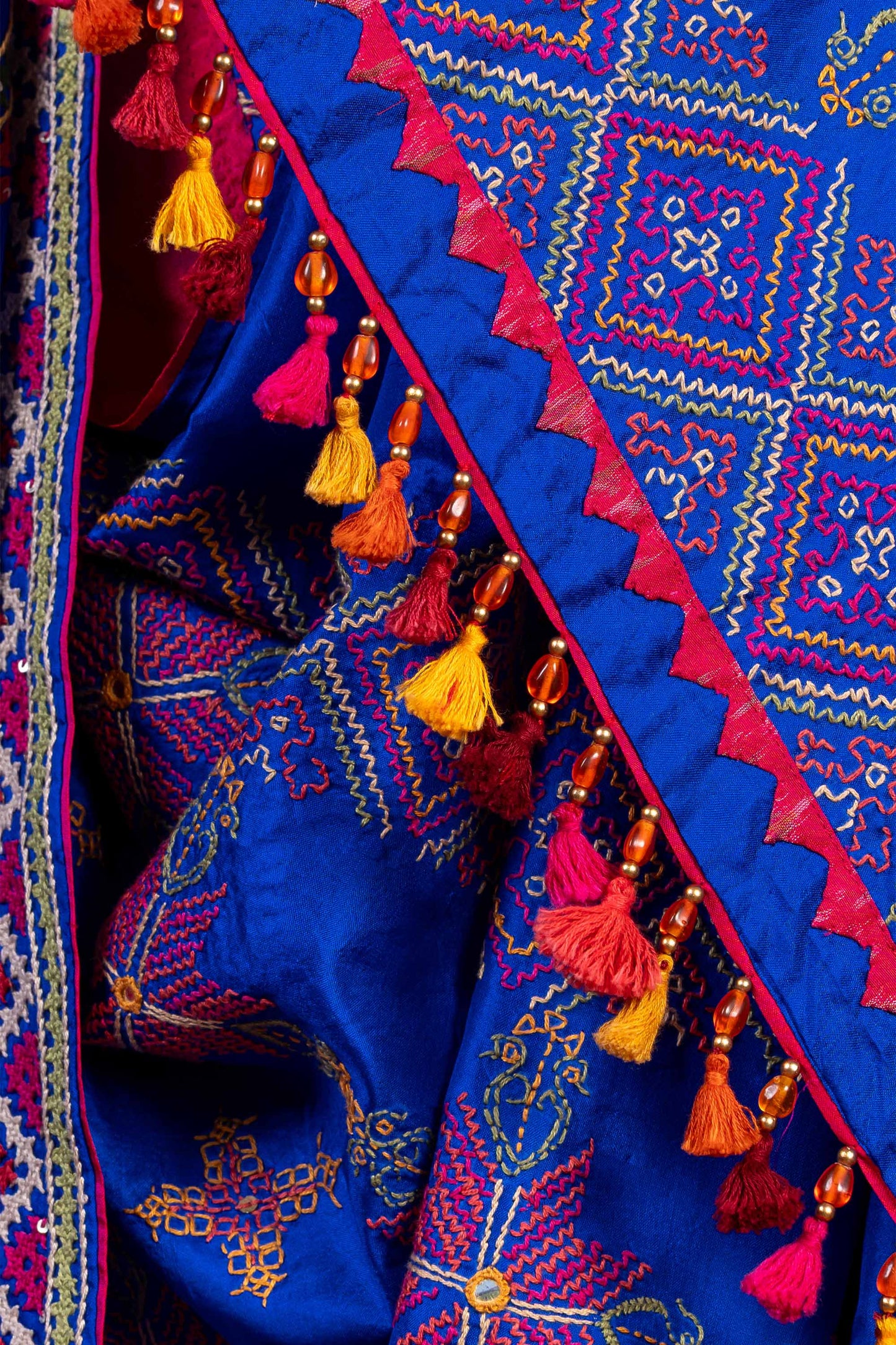 Handcrafted Bright Blue Silk Saree With Intricate Rabari Embroidery