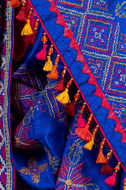 Handcrafted Bright Blue Silk Saree With Intricate Rabari Embroidery