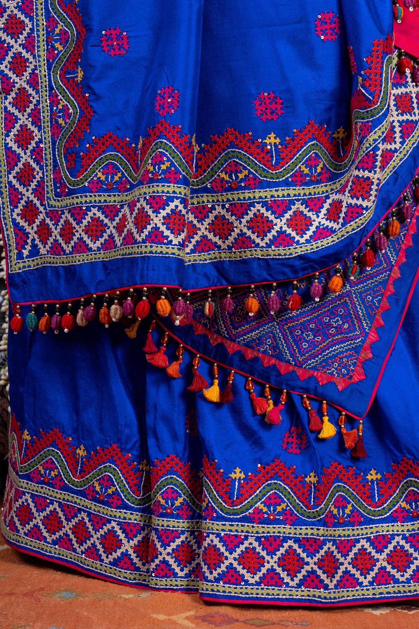 Handcrafted Bright Blue Silk Saree With Intricate Rabari Embroidery