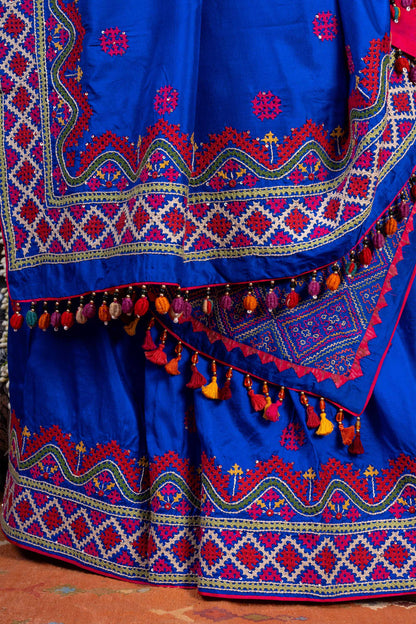 Handcrafted Bright Blue Silk Saree With Intricate Rabari Embroidery