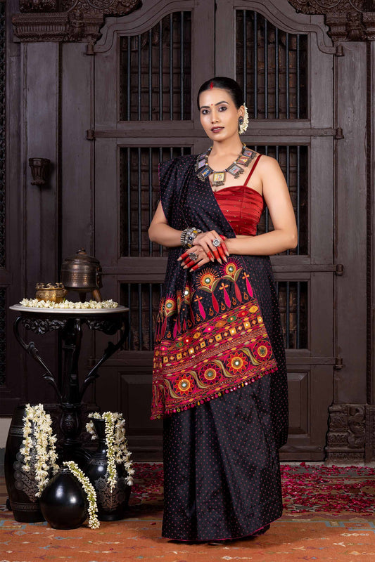 Handcrafted Black Silk Saree With Multicolour Hand Embroidery