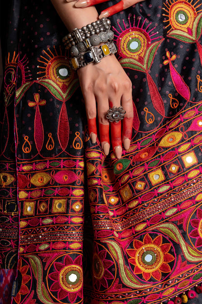 Handcrafted Black Silk Saree With Multicolour Hand Embroidery