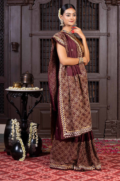 Handcrafted Maroon Silk Saree With Rabari Embroidery