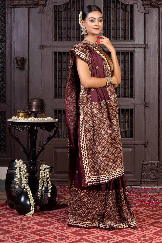 Handcrafted Maroon Silk Saree With Rabari Embroidery