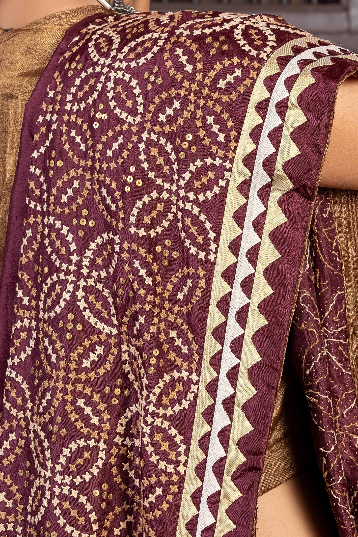 Handcrafted Maroon Silk Saree With Rabari Embroidery