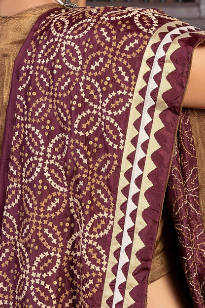 Handcrafted Maroon Silk Saree With Rabari Embroidery